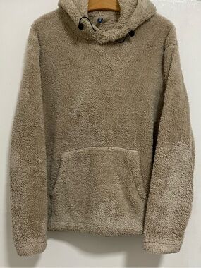 H&M Divided Teddy Fleece Hoodie M Beige Sherpa Pullover Cozy Kangaroo Pocket